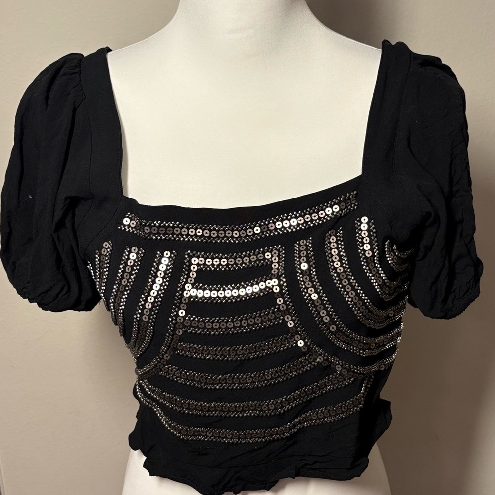 Saltwater Luxe Beaded Sequin Crop Top Black Puff Sleeve Square Neck Blouse M - Picture 4 of 10